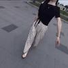 25519 Damei Ai Yuan 2025 Verano Nueva Moda Camiseta Asimétrica con Cordón Casual Pantalones Largos Sueltos de Lunares para Mujer