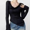 Diseño Nicho Plisado Asimétrico Cuello Caído Camiseta de Manga Larga para Mujer Otoño e Invierno 2024 Nueva Camiseta Básica con Top Interior
