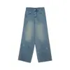 Pantalones Anchos Retro de Alta Resistencia Wanwei para Mujer Estilo Nuevo Primavera 2026 Remaches Pierna Recta Jeans Azules Desgastados P5714