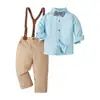 Ropa Infantil de Tres Piezas para Niño: Camisa de Manga Larga con Solapa de Lazo, Pantalones y Tirantes, Estilo Caballero para Primavera y Otoño