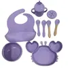 Productos para Maternidad y Bebés Juego de Vajilla de Silicona Silicona de Grado Alimenticio Plato de Cena de Tres Compartimentos Vajilla Infantil Juego de 9 Piezas en Stock