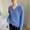 Nueva Camiseta de Punto de Cachemir para Mujer con Cuello en V para Otoño e Invierno, Top de Color Puro con Aspecto Holgado, Cálido y Adelgazante, Estilo Perezoso