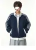 Sudadera con capucha a rayas de tres barras estilo americano, bloques de color, cuello alto, cierre de cremallera para hombre y mujer, diseño de marca moderno, cárdigan deportivo holgado
