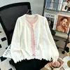 Cardigan Tricotado Falso Duas Peças Color Block Estilo Doce Laço, Novo Estilo Primavera e Outono, Suéter Casaco Estilo Preguiçoso Gentil e Elegante