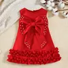 Vestido de Verano Estilo Nuevo Europeo y Americano para Niños con Lazo Perlas Mangas Cortas Dobladillo con Volantes Venta al por Mayor