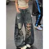 Calça jeans americana retrô com aspecto desgastado, salpicos de tinta e detalhes rasgados, novo estilo primavera/outono para mulheres, com estampa de letras da moda e design de comprimento total