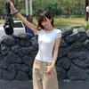 Foto Real de Camiseta Sexy de Manga Corta sin Espalda para Mujer en Verano, Diseño Puramente Lustroso, Hermosa Espalda Chica Caliente Top Corto