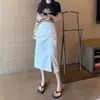 Falda midi negra irregular plisada con abertura para mujer, falda de línea A de cintura alta para verano para mujeres petite