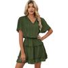 Vestido de primavera 2022 de color liso europeo y americano para mujer, estación independiente, verano, nuevo, con volantes, escote en V, manga corta, hasta la rodilla