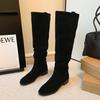 Botas de Montaria de Cano Alto Estilo Europeu e Americano para Mulheres, Botas Longas de Camurça com Salto Quadrado Outono e Inverno