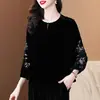Top de Terciopelo de Seda para Mujer Negro Nuevo Estilo Nacional Chinoiserie Camisa Talla Grande Bordada Manga Tres Cuartos Camisa de Seda de Morera Otoño