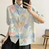 Nova camisa feminina de verão estilo coreano, solta, casual, com estampa de desenho animado, gola de lapela, de abotoamento simples, manga curta, 100% algodão