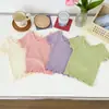 Camiseta Corta de Manga Corta con Espalda Cruzada de Moda para Niñas 2026 Verano Nuevo Estilo Coreano Color Sólido Versátil Casual para Niños