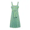 Moda Femenina Europea y Americana Transfronteriza Aliexpress Venta Caliente Elegante Vestido Midi de Tiras Rayadas con Cinturón