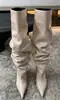 Botas de mujer de alta calidad, botas largas, botas por encima de la rodilla, botas de caña alta con punta, fruncidas y holgadas, piel de vaca por dentro y por fuera, suela de cuero genuino, tacón alto de 7 cm, blanco