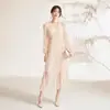 Em Estoque Primavera de 2026 Elegante Vestido de Seda para Mulheres, Saia Evasê Clássica Simples, Emagrecedor Vestido Longo de Seda de Amora para Mulheres