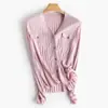 [Procesamiento Personalizado] Chaqueta Fina para Mujer, Suéter de Punto de Seda, Cuello en V, Canalé Elástico, Corte Ajustado, Capa Base Protectora del Sol