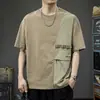 Camiseta de Manga Corta con Bloques de Color de Marca de Moda Estilo Americano para Hombre, Verano Delgada Ropa de Trabajo Bolsillo Holgada Transpirable Media Manga Camiseta de Moda