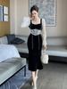 Moda Otoño 2026 Ropa para Mujer, Estilo Elegante y Femenino, Cuello Cuadrado, Patchwork de Encaje, Vestido Ceñido a la Cintura 15325