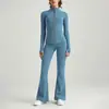 Conjunto de yoga de doble cara cepillado estilo Lulu para mujer, chaqueta con cremallera dorada, conjunto de pantalones de tiro alto que levantan los glúteos y microacampanados