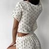 Pijama de verano europeo y americano de crepé puro de algodón con estampado de amor fino para mujer, conjunto de dos piezas con pantalones cortos con abertura y manga corta