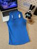 Camisola azul con espalda en I para mujer, diseño exterior de chica sexy, camiseta pequeña de verano con almohadilla interior en el pecho