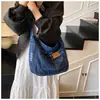 Bolsa de Ombro Única Bordada Versátil Casual Estilo Coreano para Mulheres, Bolsa Transversal Original Vintage Moda Retrô Japonesa, Jeans Lavado
