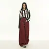 Estilo Americano Outono Ancora Vermelho Vintage Design Simples Calças de Perna Larga Femininas Soltas Cintura Alta Emagrecedoras Calças Jeans