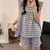 Pijama de Verão para Mulheres Fina Xadrez Estilo Coreano Solta Casual Manga Curta Shorts Mangas Pequenas Voadoras Estilo Ins Conjunto para Usar em Casa