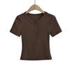 25 Camiseta Casual de Manga Corta de Color Puro, Ajustada, Cuello Redondo, Botones en la Solapa, Cintura, Estilo Europeo y Americano, Novedad de Principios de Primavera