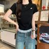 Camiseta Gris Love Encaje Manga Corta Mujer Verano 2025 Nuevo Estilo Hombro Corto Ajustada Adelgazante Top