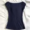 Nuevo top simple de verano para mujer, patchwork de encaje azul marino, corte ajustado, sexy, cuello en V, manga corta, camiseta, venta al por mayor