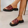 Sapatos da moda europeus e americanos, sandálias slip-on de tamanho grande, estampa de leopardo de verão, sandálias de salto grosso de comércio exterior, bico redondo, novas pantufas de sola grossa 2025