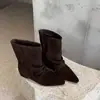 Versión de Piel de Cordero~Botas Apiladas de Altura Interior Aumentada Estilo Retro Francés Botas de Vaquero Occidentales Elegantes para Mujer Botas Adelgazantes Botas Cortas