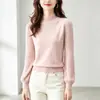 Camiseta base de color liso con cuello semi-alto y mangas tipo farol, de lujo ligero y elegante, estiliza y es versátil para otoño e invierno, suéter casual de punto acanalado de manga larga