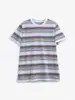 2025 Primavera Nuevo Retro Americano Bloque de Color Rayas Arcoíris Manga Corta para Mujer Casual Versátil Cuello Redondo Camiseta Top