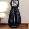 Jeans de Mezclilla Lavada con Estampado de Cadena y Cruz Estilo Retro Americano para Mujer, Pantalones de Pierna Ancha Scimitar hasta el Suelo para Primavera y Otoño