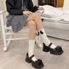 Nuevos Calcetines de Algodón para Mujer con Patrón Vertical, Borla de Perlas y Lazo de Algodón, Borde de Oreja Dulce, Fresco y Elegante, para Otoño e Invierno