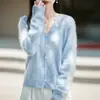 Chaqueta Cardigan de Punto para Mujer 2026 con Cuello en V, Cierre de Botones, Tejido Cepillado, Corte Holgado, Nuevo Estilo Otoño/Invierno