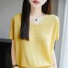 Tricô Tencel Lyocell Gola V Manga Curta Camiseta para Mulheres Verão 2025 Novo Cor Pura Solta Pulôver Camisa Base