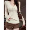 Suéter Tejido Delicado con Escote en V Hueco y Lazo de Encaje para Mujer, Otoño e Invierno, Elegante Ajuste Ceñido, Top Básico Reductor de Edad