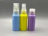 Garrafa plástica PET redonda de 50ml, calibre 20, nas cores vermelho, azul, amarelo, com ombro arredondado, frasco spray, frasco dosador