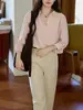 Camisa de Lino Tencel Rosa para Mujer Otoño Solapa Botones Caída en los Hombros Mangas de Dos Maneras Top de Temperamento para el Trabajo
