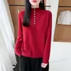Suéter feminino de lã 100% pura, gola semiaberta, top casual, outono e inverno 2026, malha de manga longa, base