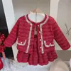 Ropa de Otoño e Invierno para Niños, Ropa para Niños, Ropa Exterior de Algodón, Falda, Conjunto de Dos Piezas de Tweed, Traje Espeso Estilo Pequeño Fragante Rojo para Niñas