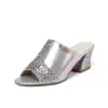 Sandalias para Mujer 2024 Verano Nuevo Estilo Punta Abierta Tacón Medio Malla Tacón Grueso Lentejuela Casual Talla Grande Sandalias Directo del Fabricante