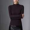 Top de punto base 100% imitación lana pura para mujer, con cuello semi alto, patrón de espiga, corte ajustado y mangas largas