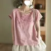 Nova Camiseta Vintage de Algodão e Linho com Bordado Pesado e Gola Redonda para Mulheres, Elegante Pulôver Fino Versátil para Mulheres - Verão 2026