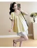 Moda Verão 2025 Blusa Solta Boneca Tecida à Mão com Contas + Shorts de Renda Conjunto Maternidade