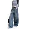 Jeans Americano Retrô de Cintura Alta Emagrecedor com Barra Reta para Mulheres, Novo Estilo Primavera e Outono, Calça Larga Solta e Relaxada Comprimento Total